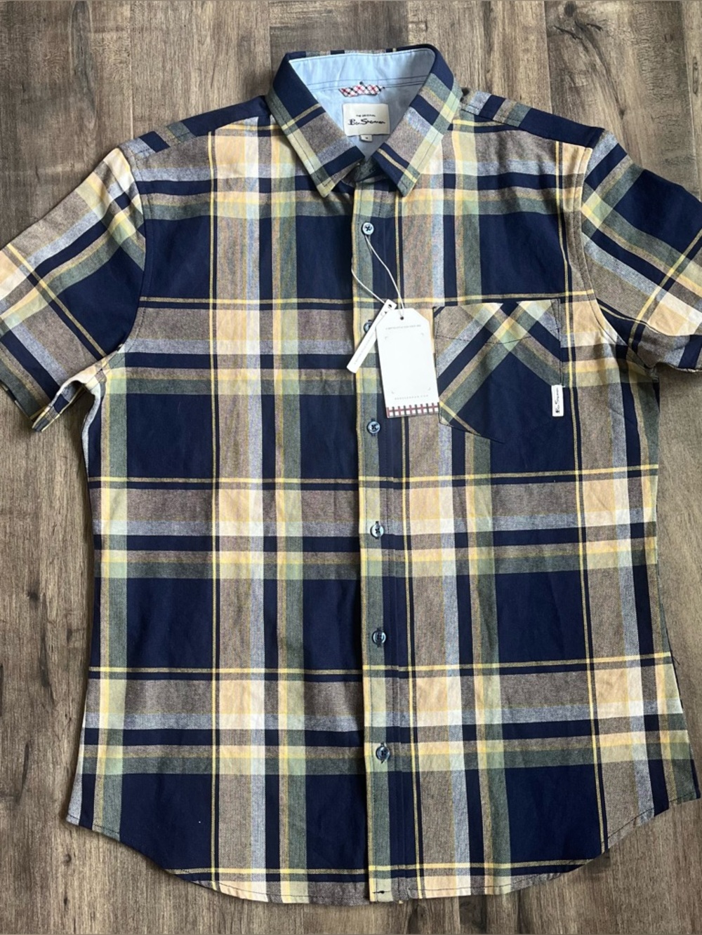 NWT Ben Sherman Navy & Yellow Plaid Short-Sleeve Button-Up SoHo Slim Shirt